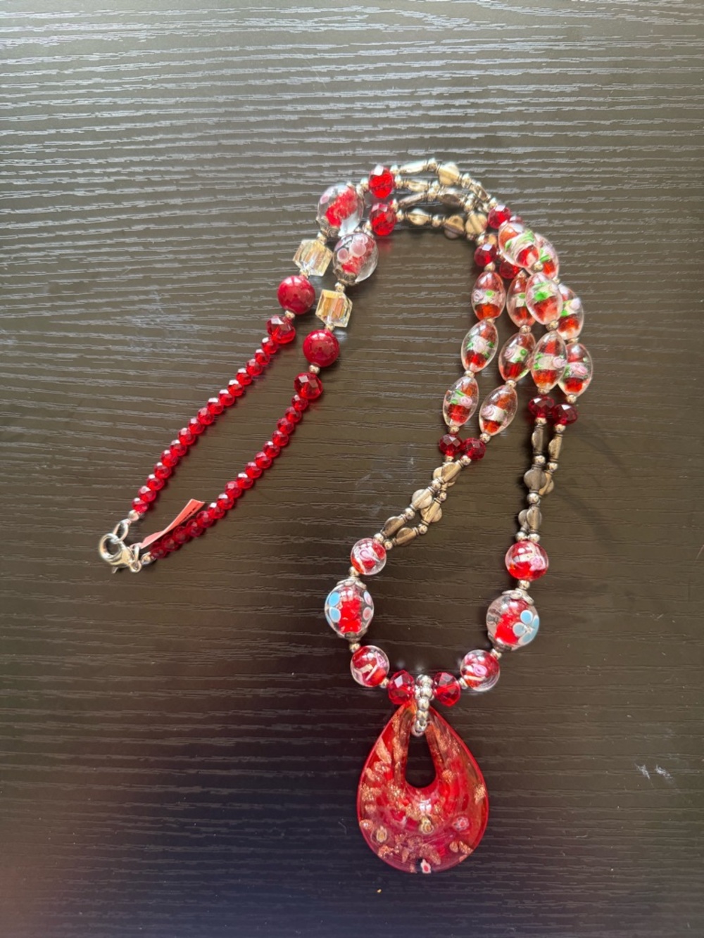Red Glass Teardrop Pendant Necklace - Women's Beaded Jewelry